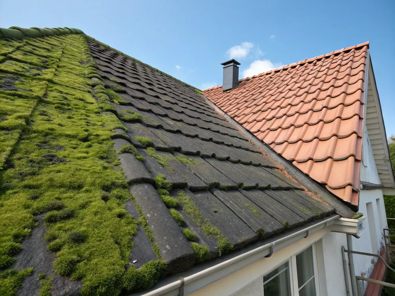 A residential roof shown half-covered in moss and stains, with the other half clean and bright after professional washing, under a clear Texas sky.
