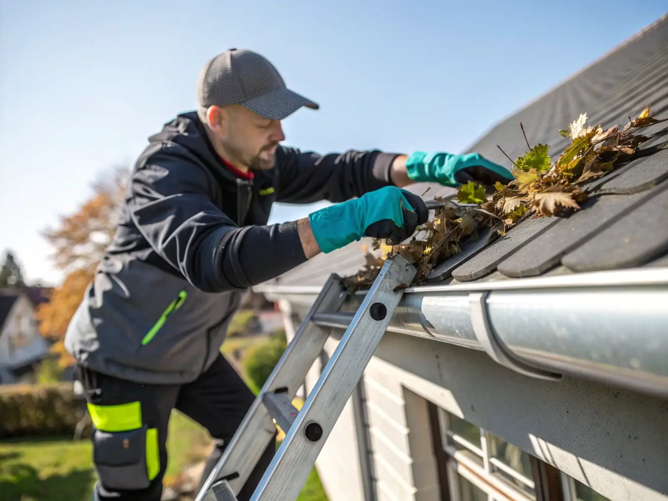 A close-up of a worker cleaning white gutters on a brick house, removing leaves and grime, with brightened gutters contrasting against the clean brick facade.