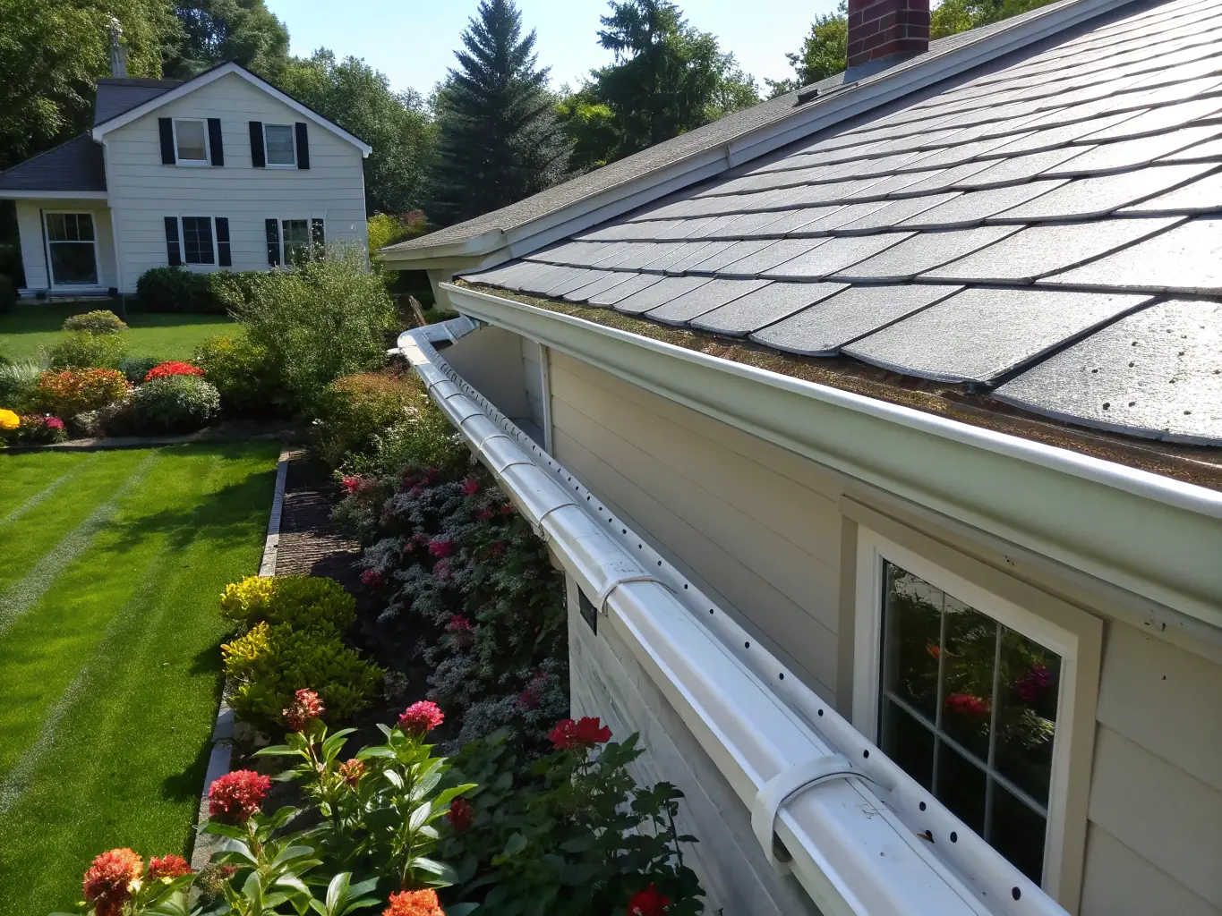 A close-up of bright, debris-free gutters on a well-maintained home, with water flowing smoothly and the exterior looking pristine.