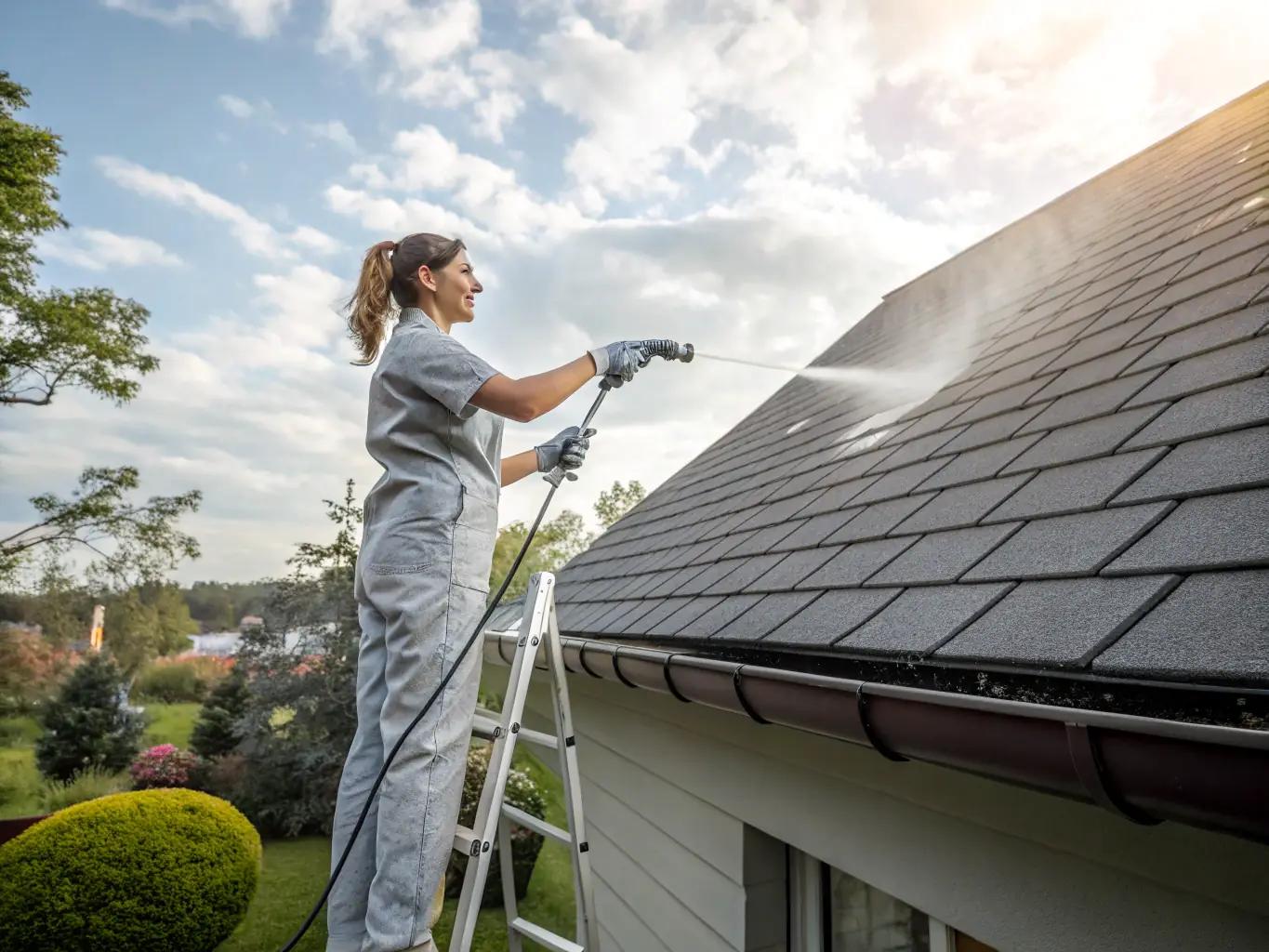 A technician carefully cleaning a shingle roof with low-pressure washing equipment, removing dark streaks and moss, with blue sky and trees in the background.