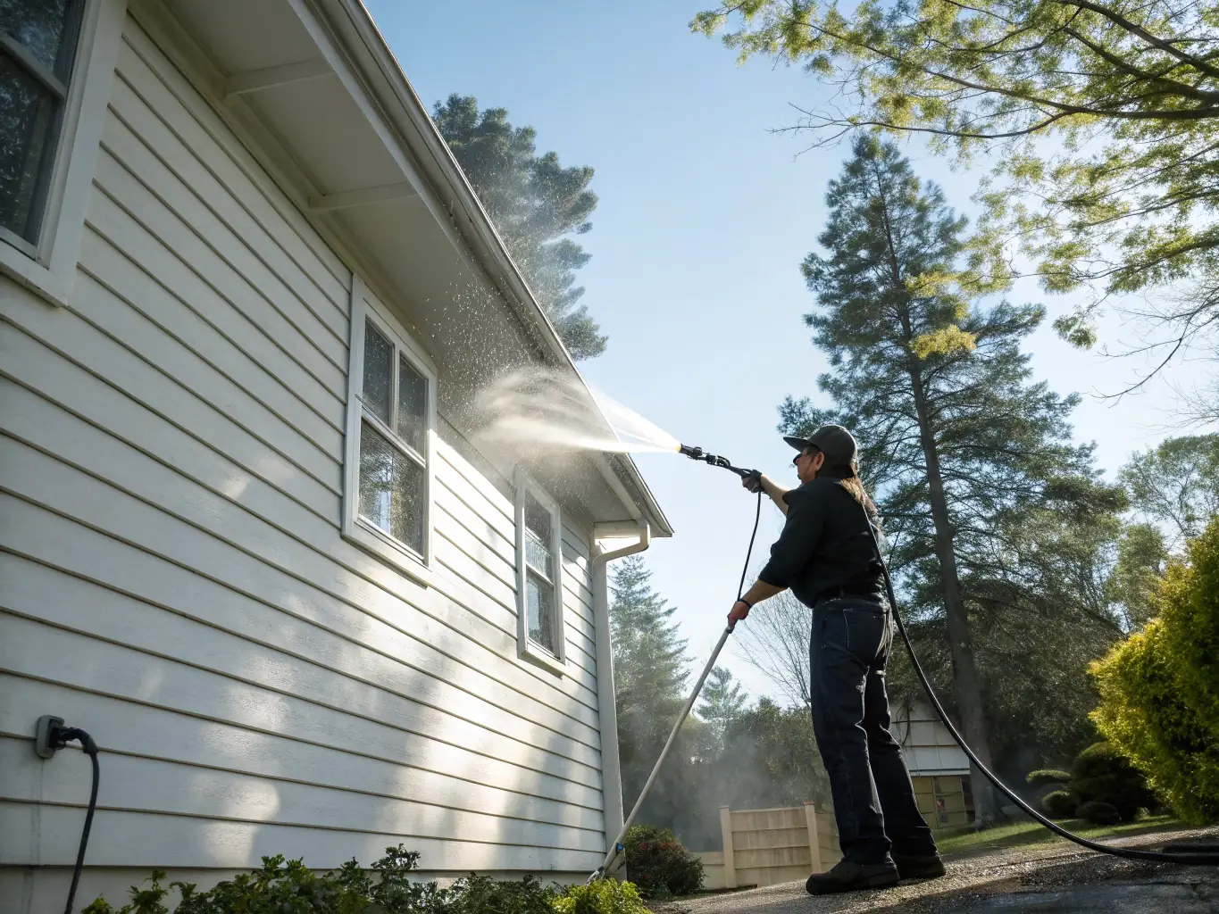 A professional cleaner using a pressure washer to remove dirt and mildew from the exterior siding of a single-family home on a sunny day in a suburban Texas neighborhood.
